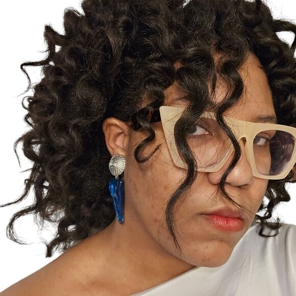 Large Vintage Metal & Transparent Blue Acrylic Dangle Clip-On Earrings | 3.12" | - Picture 5 of 7